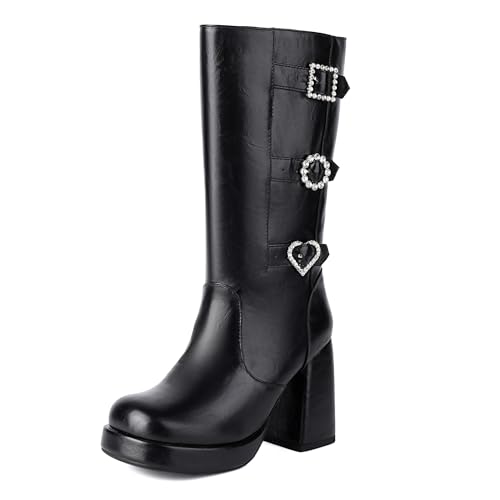 Bviennic Damen Stiefeletten Hohen Blockabsatz mit Plateau Mode Runde Zehen Zip Riding 2231 Schwarz Gr 40.5 EU/42Cn von Bviennic