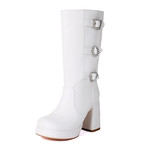 Bviennic Damen Stiefeletten Hohen Blockabsatz mit Plateau Mode Runde Zehen Zip Riding 2231 Weiß Gr 37 EU/38Cn von Bviennic