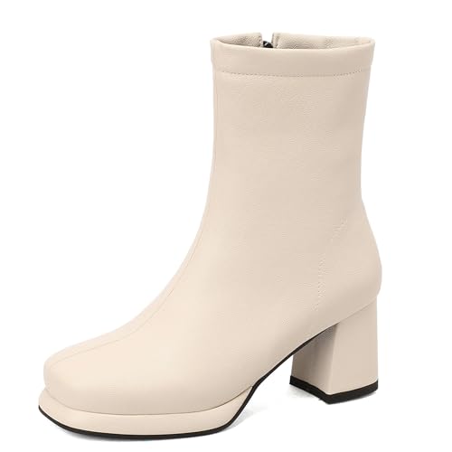 Bviennic Damen Stiefeletten Hohen Blockabsatz mit Plateau Simple Runde Zehen Zip Daily 2430 Beige Gr 36.5 EU/37Cn von Bviennic