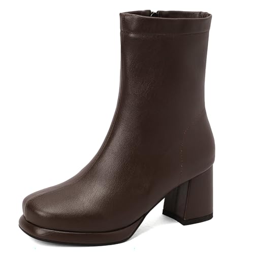 Bviennic Damen Stiefeletten Hohen Blockabsatz mit Plateau Simple Runde Zehen Zip Daily 2430 Braun Gr 36 EU von Bviennic