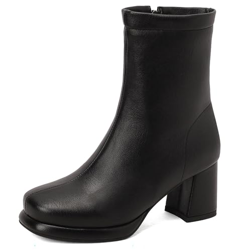 Bviennic Damen Stiefeletten Hohen Blockabsatz mit Plateau Simple Runde Zehen Zip Daily 2430 Schwarz Gr 40.5 EU/42Cn von Bviennic