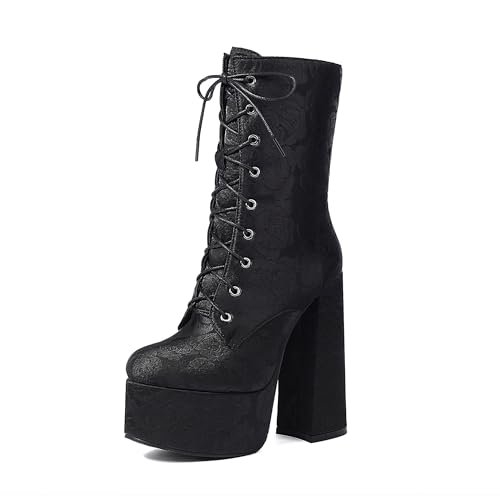 Bviennic Damen Stiefeletten Hohen Blockabsatz mit Plateau Simple Runde Zehen Zip Party Stiefeletten 2221 Schwarz Gr 40 EU/41Cn von Bviennic