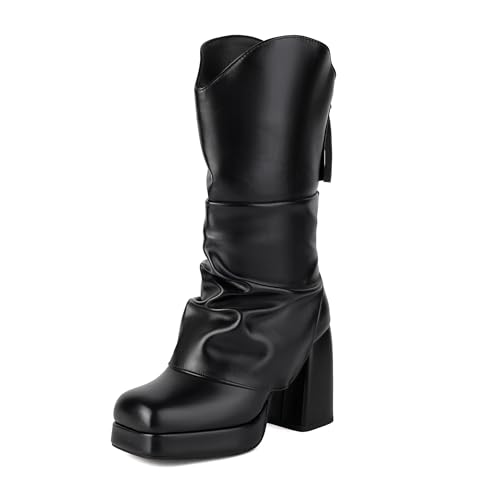 Bviennic Damen Stiefeletten Hohen Blockabsatz mit Plateau Solid Square Toe Zip Party Stiefeletten 2207 Schwarz Gr 45 EU/47Cn von Bviennic