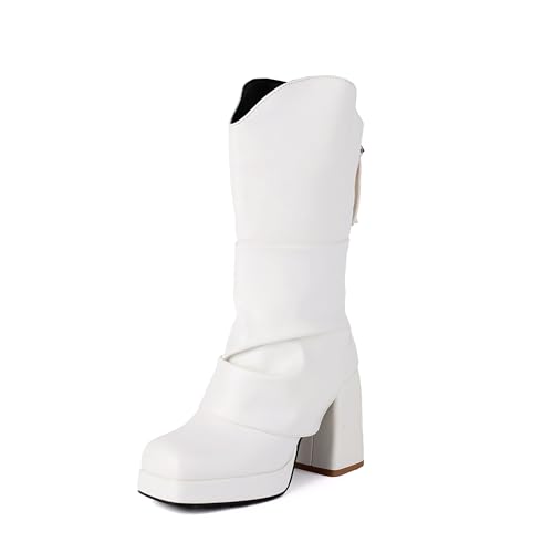 Bviennic Damen Stiefeletten Hohen Blockabsatz mit Plateau Solid Square Toe Zip Party Stiefeletten 2207 Weiß Gr 45 EU/47Cn Bviennic Damen Stiefeletten Hohen Blockabsatz mit Plateau Solid Square Toe Zip Party Stiefeletten 2207 Weiß Gr 45 EU/47Cn von Bviennic