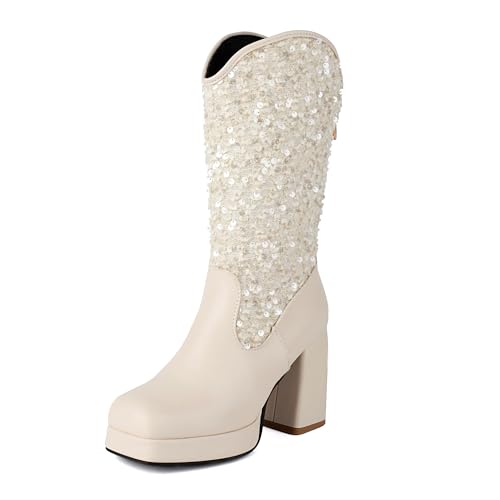 Bviennic Damen Stiefeletten Hohen Blockabsatz mit Plateau Solid Square Toe Zip Riding 2206 Beige Gr 45 EU/47Cn von Bviennic