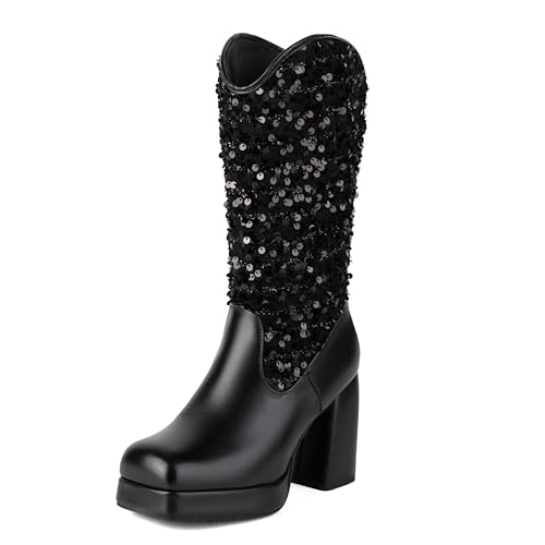 Bviennic Damen Stiefeletten Hohen Blockabsatz mit Plateau Solid Square Toe Zip Riding 2206 Schwarz Gr 42 EU/44Cn von Bviennic