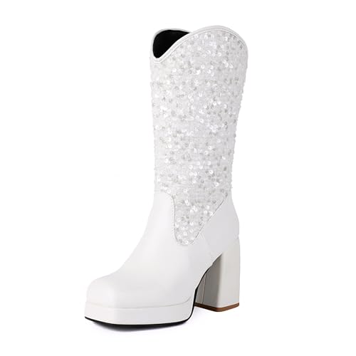 Bviennic Damen Stiefeletten Hohen Blockabsatz mit Plateau Solid Square Toe Zip Riding 2206 Weiß Gr 45 EU/47Cn von Bviennic