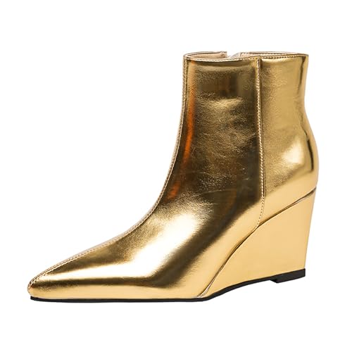 Bviennic Damen Stiefeletten Hohen Keilabsatz Mode Pointed Toe Zip Abend Stiefeletten 2187 Gold Gr 36.5 EU/37Cn von Bviennic