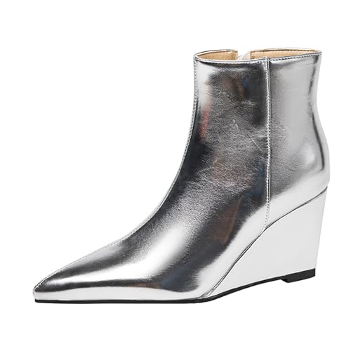 Bviennic Damen Stiefeletten Hohen Keilabsatz Mode Pointed Toe Zip Abend Stiefeletten 2187 Silber Gr 38 EU/39Cn von Bviennic
