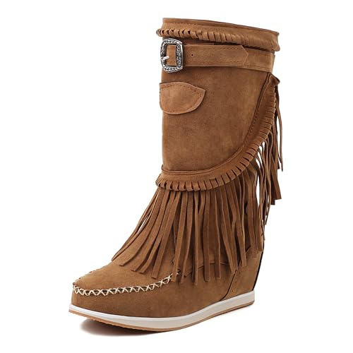 Bviennic Damen Stiefeletten Hohen Keilabsatz Mode Runde Zehen Ohne Verschluss Daily 2209 Braun Gr 40 EU/41Cn von Bviennic