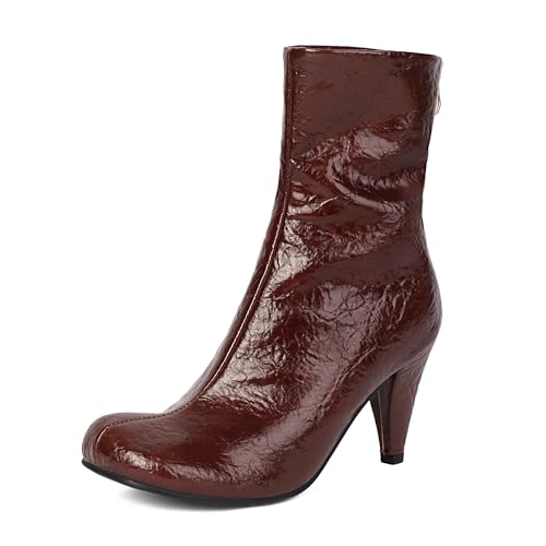 Bviennic Damen Stiefeletten Hohen Trichterabsatz Mode Runde Zehen Zip Party 2397 Rotwein Gr 39 EU/40Cn von Bviennic