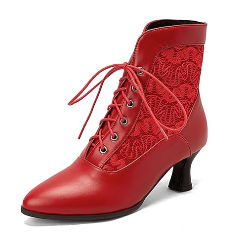 Bviennic Damen Stiefeletten Kitten Heel Elegant Pointed Toe Schnüren Daily 2255 Rot Gr 39 EU/40Cn von Bviennic