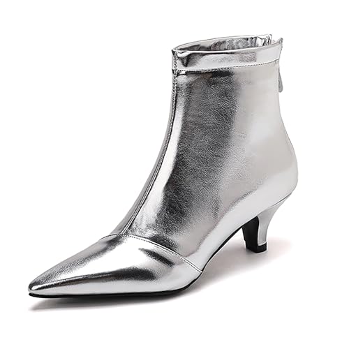 Bviennic Damen Stiefeletten Kitten Heel Elegant Pointed Toe Zip Abend Stiefeletten 2188 Silber Gr 40 EU/41Cn von Bviennic