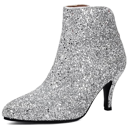 Bviennic Damen Stiefeletten Kitten Heel Elegant Pointed Toe Zip Abend Stiefeletten 2442 Silber Gr 36.5 EU/37Cn von Bviennic
