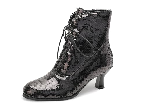 Bviennic Damen Stiefeletten Kitten Heel Elegant Runde Zehen Schnüren Abend Stiefeletten 2319 Schwarz Gr 37 EU/38Cn von Bviennic