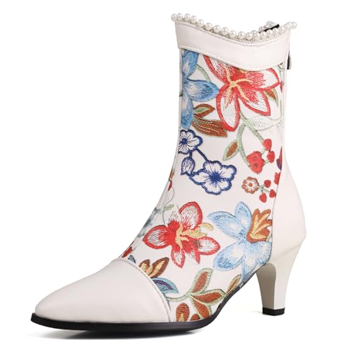 Bviennic Damen Stiefeletten Kitten Heel Komfort Pointed Toe Schnüren Kleid Stiefeletten 2178 Weiß-Dl Gr 36 EU von Bviennic