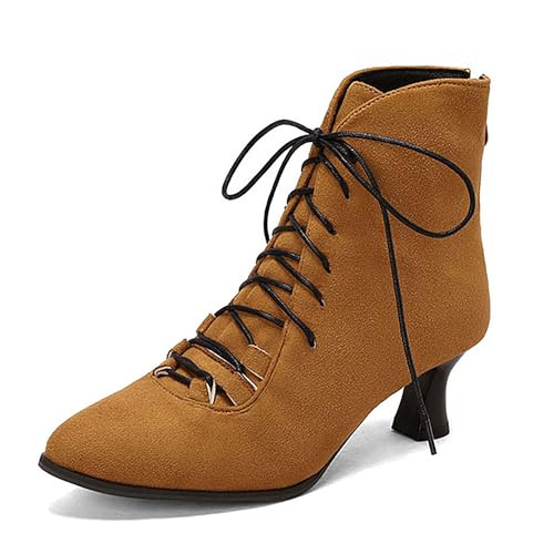 Bviennic Damen Stiefeletten Kitten Heel Mode Pointed Toe Schnüren Daily 2278 Gelb Gr 36 EU von Bviennic