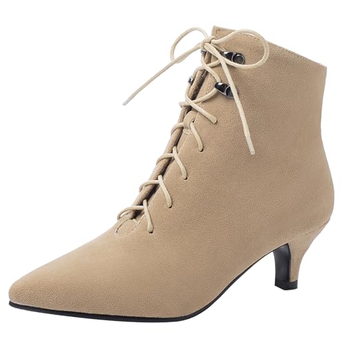 Bviennic Damen Stiefeletten Kitten Heel Mode Pointed Toe Schnüren Daily 2423 Aprikose Gr 45 EU/47Cn von Bviennic