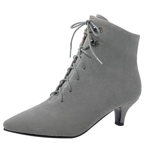 Bviennic Damen Stiefeletten Kitten Heel Mode Pointed Toe Schnüren Daily 2423 Grau Gr 40.5 EU/42Cn von Bviennic