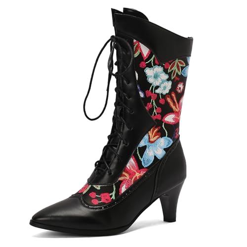 Bviennic Damen Stiefeletten Kitten Heel Mode Pointed Toe Schnüren Party Stiefeletten 2176 Schwarz Gr 46 EU/48Cn von Bviennic