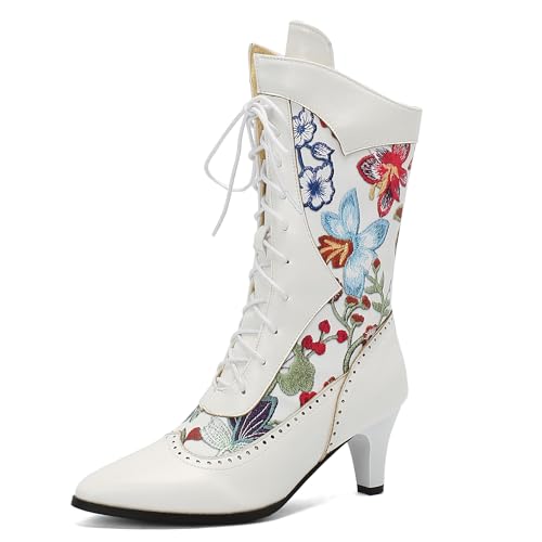 Bviennic Damen Stiefeletten Kitten Heel Mode Pointed Toe Schnüren Party Stiefeletten 2176 Weiß Gr 39 EU/40Cn von Bviennic