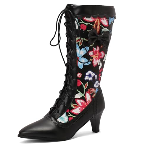 Bviennic Damen Stiefeletten Kitten Heel Mode Pointed Toe Schnüren Party Stiefeletten 2177 Schwarz Gr 46 EU/48Cn von Bviennic