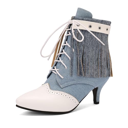 Bviennic Damen Stiefeletten Kitten Heel Mode Pointed Toe Schnüren Party Stiefeletten 2232 Blau Gr 40.5 EU/42Cn von Bviennic