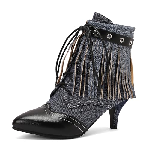 Bviennic Damen Stiefeletten Kitten Heel Mode Pointed Toe Schnüren Party Stiefeletten 2232 Schwarz Gr 38 EU/39Cn von Bviennic