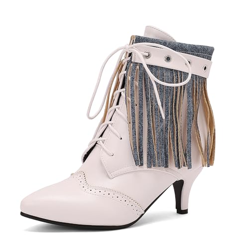 Bviennic Damen Stiefeletten Kitten Heel Mode Pointed Toe Schnüren Party Stiefeletten 2232 Weiß Gr 40 EU/41Cn von Bviennic