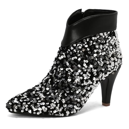 Bviennic Damen Stiefeletten Kitten Heel Mode Pointed Toe Zip Abend Stiefeletten 2459 Schwarz Gr 40.5 EU/42Cn von Bviennic