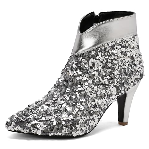 Bviennic Damen Stiefeletten Kitten Heel Mode Pointed Toe Zip Abend Stiefeletten 2459 Silber Gr 37 EU/38Cn von Bviennic