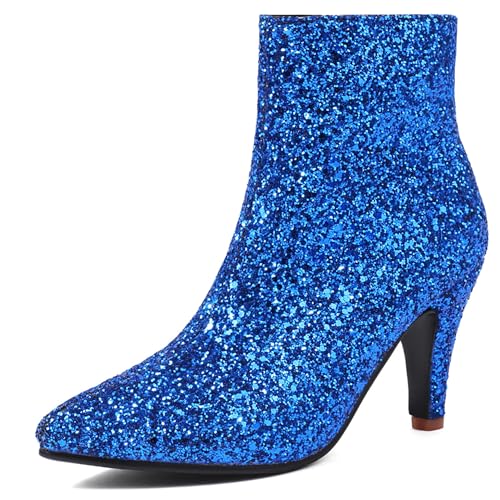 Bviennic Damen Stiefeletten Kitten Heel Mode Pointed Toe Zip Abend Stiefeletten 2460 Blau Gr 45 EU/47Cn von Bviennic