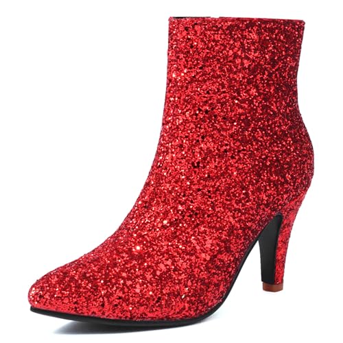 Bviennic Damen Stiefeletten Kitten Heel Mode Pointed Toe Zip Abend Stiefeletten 2460 Rot Gr 41 EU/43Cn von Bviennic