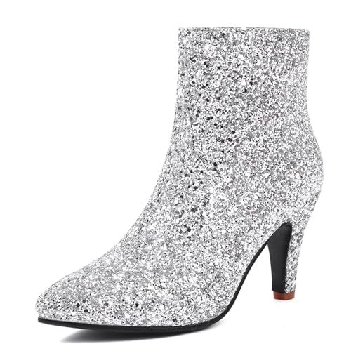 Bviennic Damen Stiefeletten Kitten Heel Mode Pointed Toe Zip Abend Stiefeletten 2460 Silber Gr 38 EU/39Cn von Bviennic