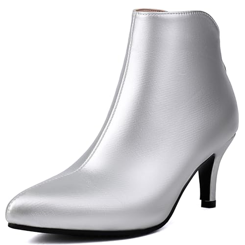 Bviennic Damen Stiefeletten Kitten Heel Mode Pointed Toe Zip Daily 2441 Silber Gr 38 EU/39Cn von Bviennic