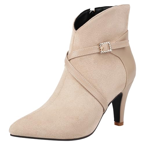 Bviennic Damen Stiefeletten Kitten Heel Mode Pointed Toe Zip Kleid Stiefeletten 2461 Beige Gr 37 EU/38Cn von Bviennic