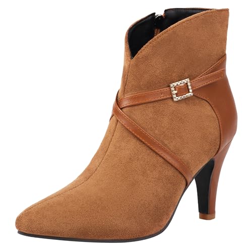 Bviennic Damen Stiefeletten Kitten Heel Mode Pointed Toe Zip Kleid Stiefeletten 2461 Braun Gr 45 EU/47Cn von Bviennic