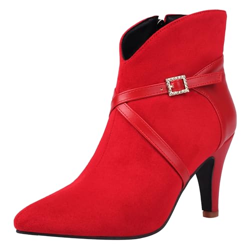 Bviennic Damen Stiefeletten Kitten Heel Mode Pointed Toe Zip Kleid Stiefeletten 2461 Rot Gr 38 EU/39Cn von Bviennic