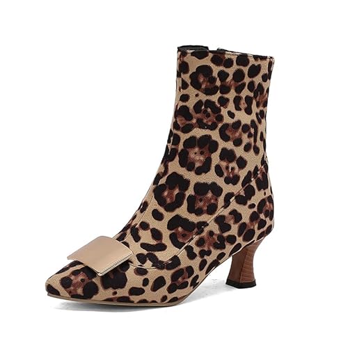 Bviennic Damen Stiefeletten Kitten Heel Mode Pointed Toe Zip Party Stiefeletten 2264 Leopard-Print Gr 36.5 EU/37Cn von Bviennic