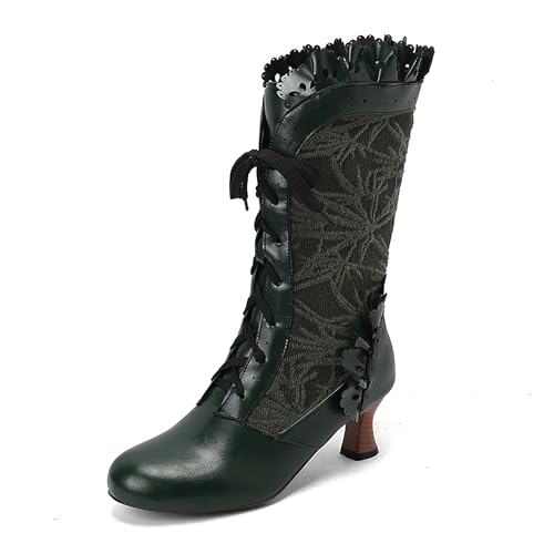 Bviennic Damen Stiefeletten Kitten Heel Mode Runde Zehen Schnüren Daily 2282 Grün Gr 39 EU/40Cn von Bviennic