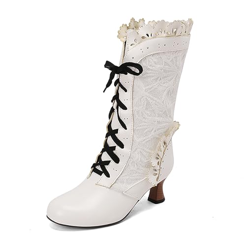 Bviennic Damen Stiefeletten Kitten Heel Mode Runde Zehen Schnüren Daily 2282 Weiß Gr 35 EU von Bviennic