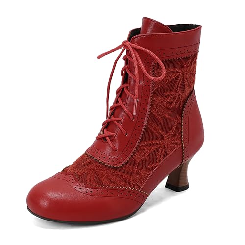 Bviennic Damen Stiefeletten Kitten Heel Mode Runde Zehen Schnüren Daily 2283 Rot Gr 35 EU von Bviennic