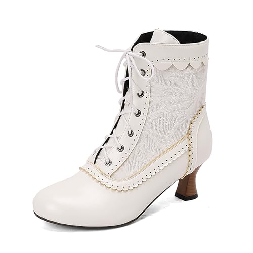 Bviennic Damen Stiefeletten Kitten Heel Mode Runde Zehen Schnüren Daily 2284 Weiß Gr 45 EU/47Cn von Bviennic