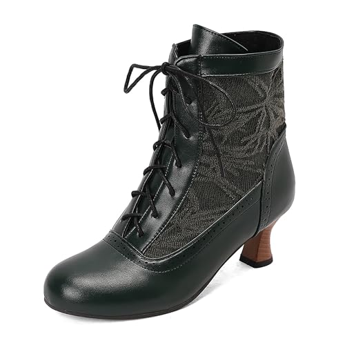 Bviennic Damen Stiefeletten Kitten Heel Mode Runde Zehen Schnüren Daily 2285 Grün Gr 47 EU/49Cn von Bviennic
