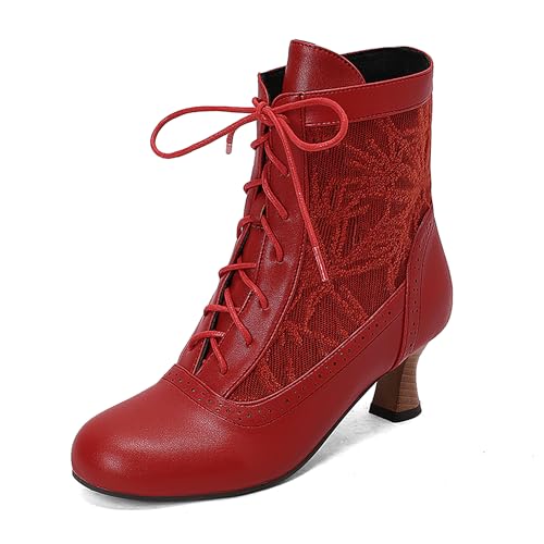 Bviennic Damen Stiefeletten Kitten Heel Mode Runde Zehen Schnüren Daily 2285 Rot Gr 40.5 EU/42Cn von Bviennic