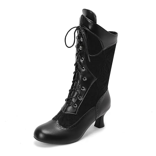 Bviennic Damen Stiefeletten Kitten Heel Mode Runde Zehen Schnüren Daily 2286 Schwarz Gr 44 EU/46Cn von Bviennic