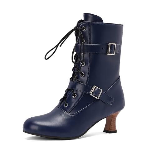 Bviennic Damen Stiefeletten Kitten Heel Mode Runde Zehen Zip Dancing Schuhe 2258 Blau Gr 40.5 EU/42Cn von Bviennic