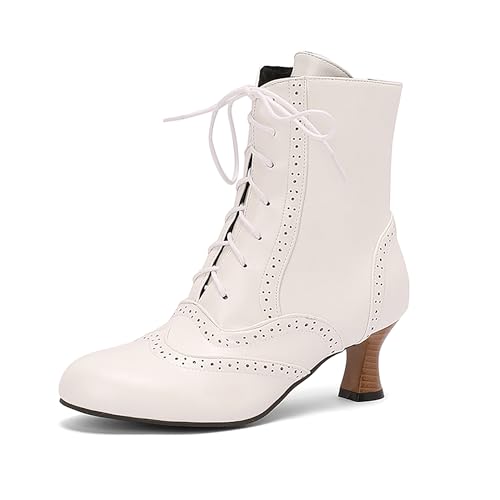 Bviennic Damen Stiefeletten Kitten Heel Mode Runde Zehen Zip Kleid Stiefeletten 2259 Weiß Gr 44 EU/46Cn von Bviennic