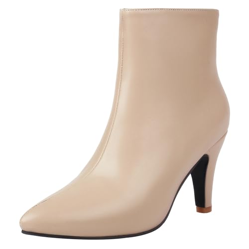 Bviennic Damen Stiefeletten Kitten Heel Simple Pointed Toe Zip Kleid Stiefeletten 2462 Beige Gr 39 EU/40Cn von Bviennic