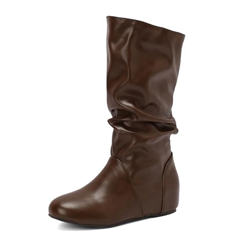 Bviennic Damen Stiefeletten Mid Keilabsatz Leisure Runde Zehen Zip Daily 2294 Braun Gr 40 EU/41Cn von Bviennic